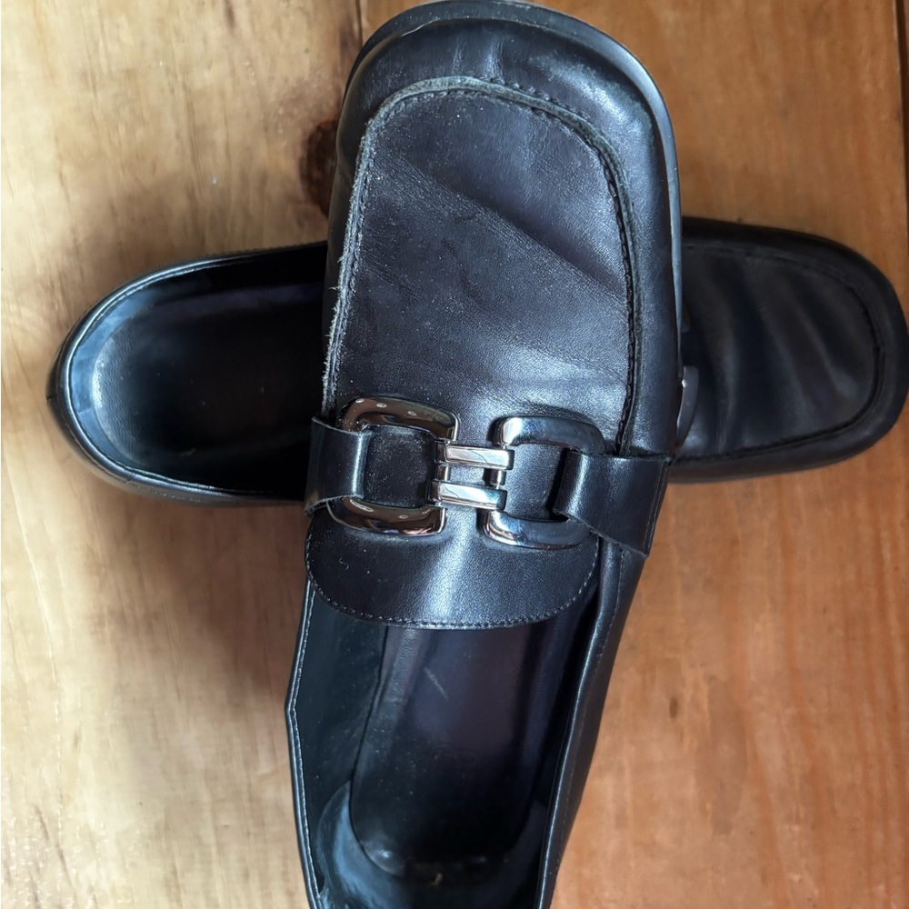 Franco Sarto Black Leather Loafers with Metallic Accent